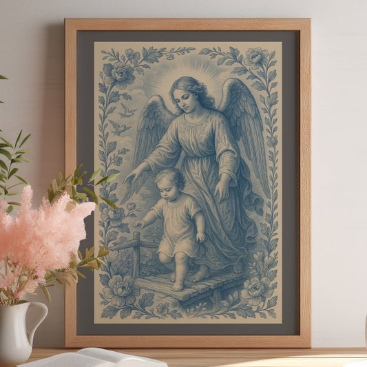 Satin Poster, Guardian Angel of Protection Catholic Christian Art Print, Soft Blue Chinoiserie, Confirmation, Nursery, Christmas Gift, Wall