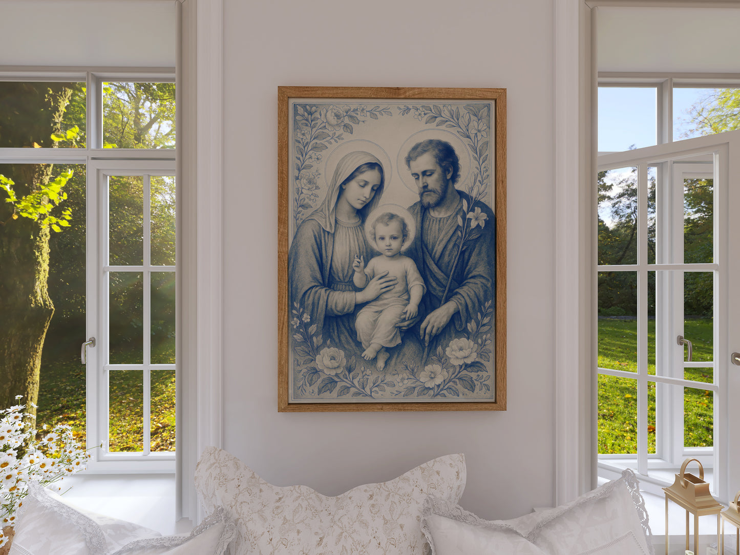 Satin Poster, Holy Family Heavenly Decor, Chinoiserie Delft Style Art, Nativity Gift, Spiritual Wall Art, Religious Home Decor - Wall Art