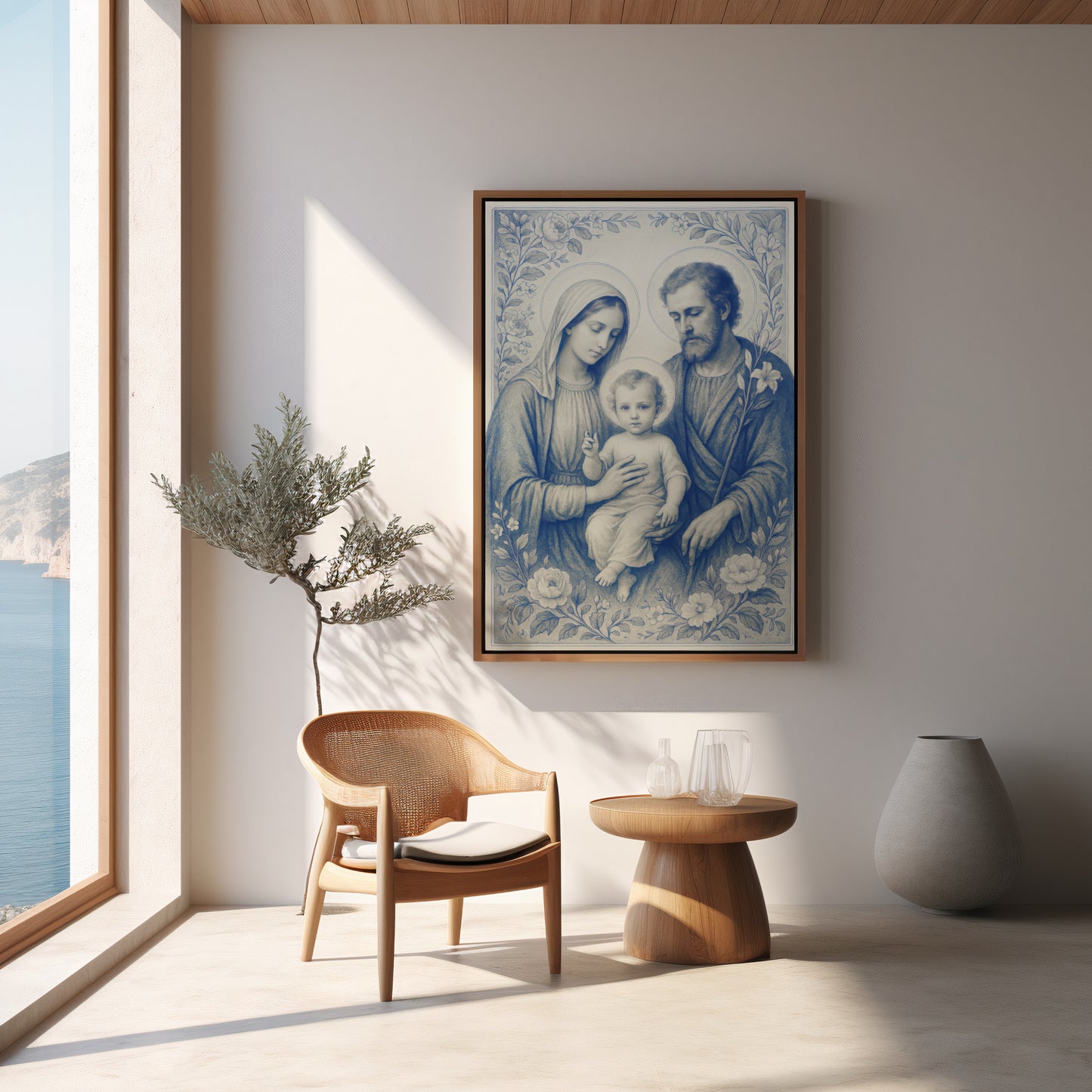 Satin Poster, Holy Family Heavenly Decor, Chinoiserie Delft Style Art, Nativity Gift, Spiritual Wall Art, Religious Home Decor - Wall Art
