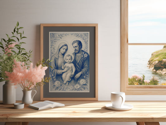 Satin Poster, Holy Family Heavenly Decor, Chinoiserie Delft Style Art, Nativity Gift, Spiritual Wall Art, Religious Home Decor - Wall Art