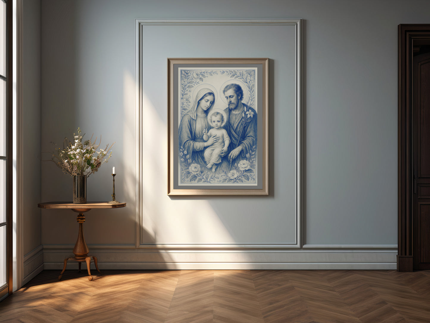 Satin Poster, Holy Family Heavenly Decor, Chinoiserie Delft Style Art, Nativity Gift, Spiritual Wall Art, Religious Home Decor - Wall Art