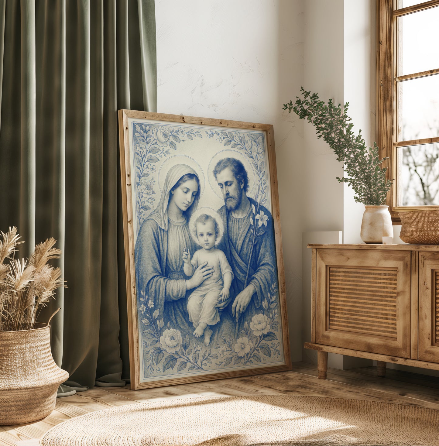 Satin Poster, Holy Family Heavenly Decor, Chinoiserie Delft Style Art, Nativity Gift, Spiritual Wall Art, Religious Home Decor - Wall Art