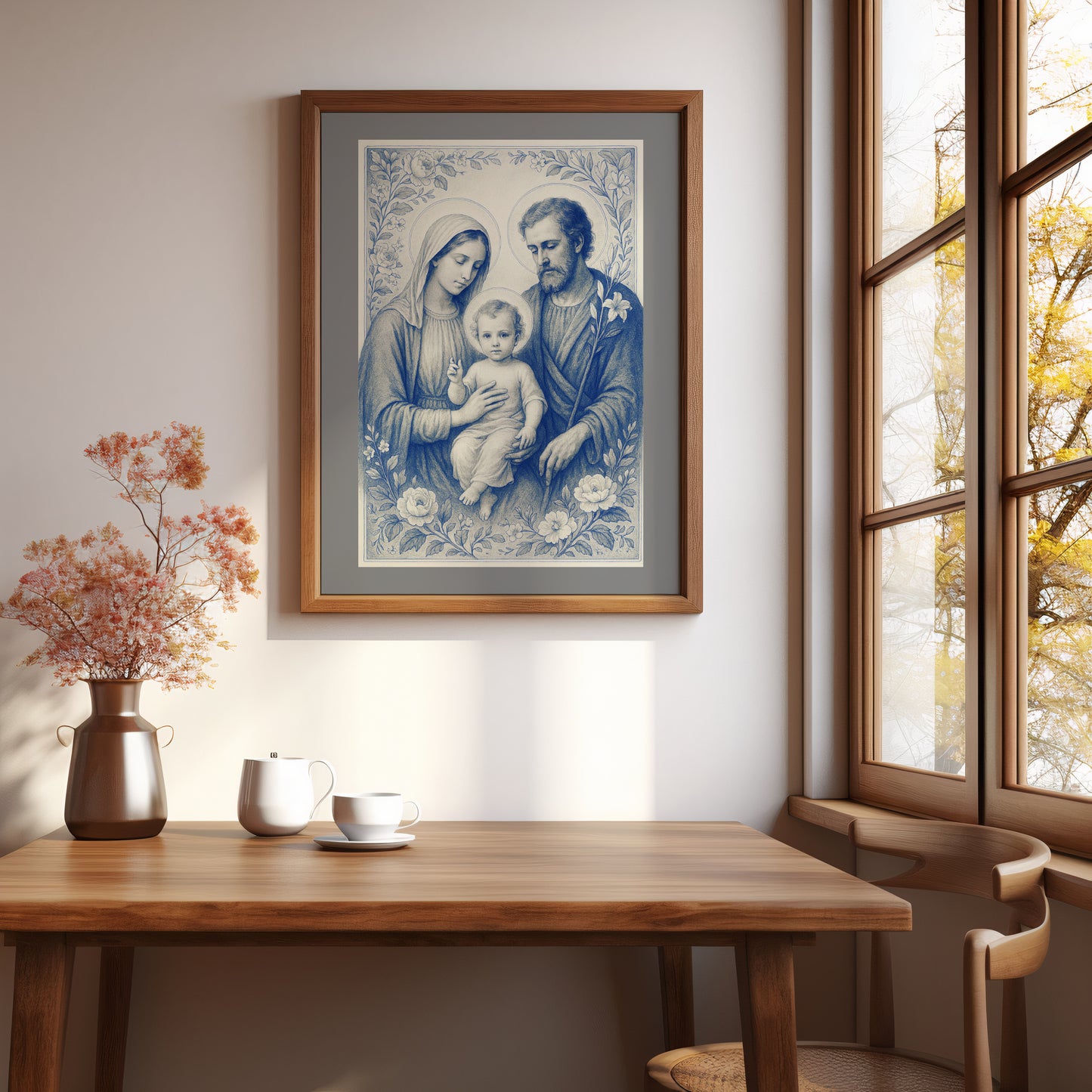 Satin Poster, Holy Family Heavenly Decor, Chinoiserie Delft Style Art, Nativity Gift, Spiritual Wall Art, Religious Home Decor - Wall Art