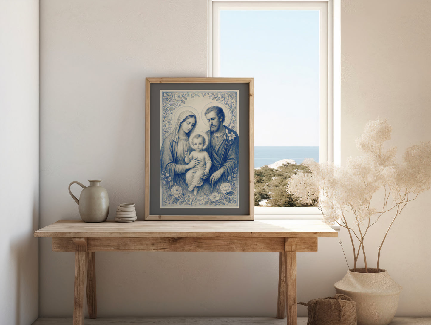 Satin Poster, Holy Family Heavenly Decor, Chinoiserie Delft Style Art, Nativity Gift, Spiritual Wall Art, Religious Home Decor - Wall Art