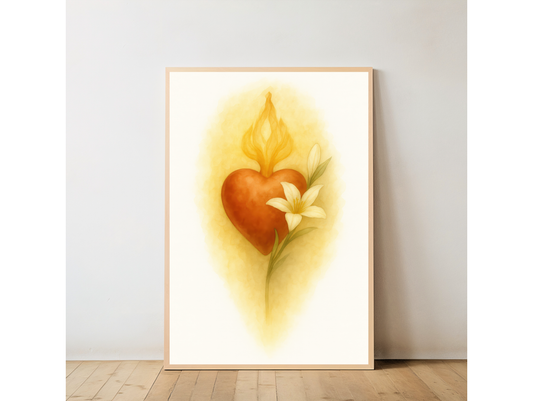 Saint Joseph Poster Print, Sacred Lily Flame Heart Catholic Art, Home Decor, Christian Wall Art, Religious Satin Paper, Immaculate Heart