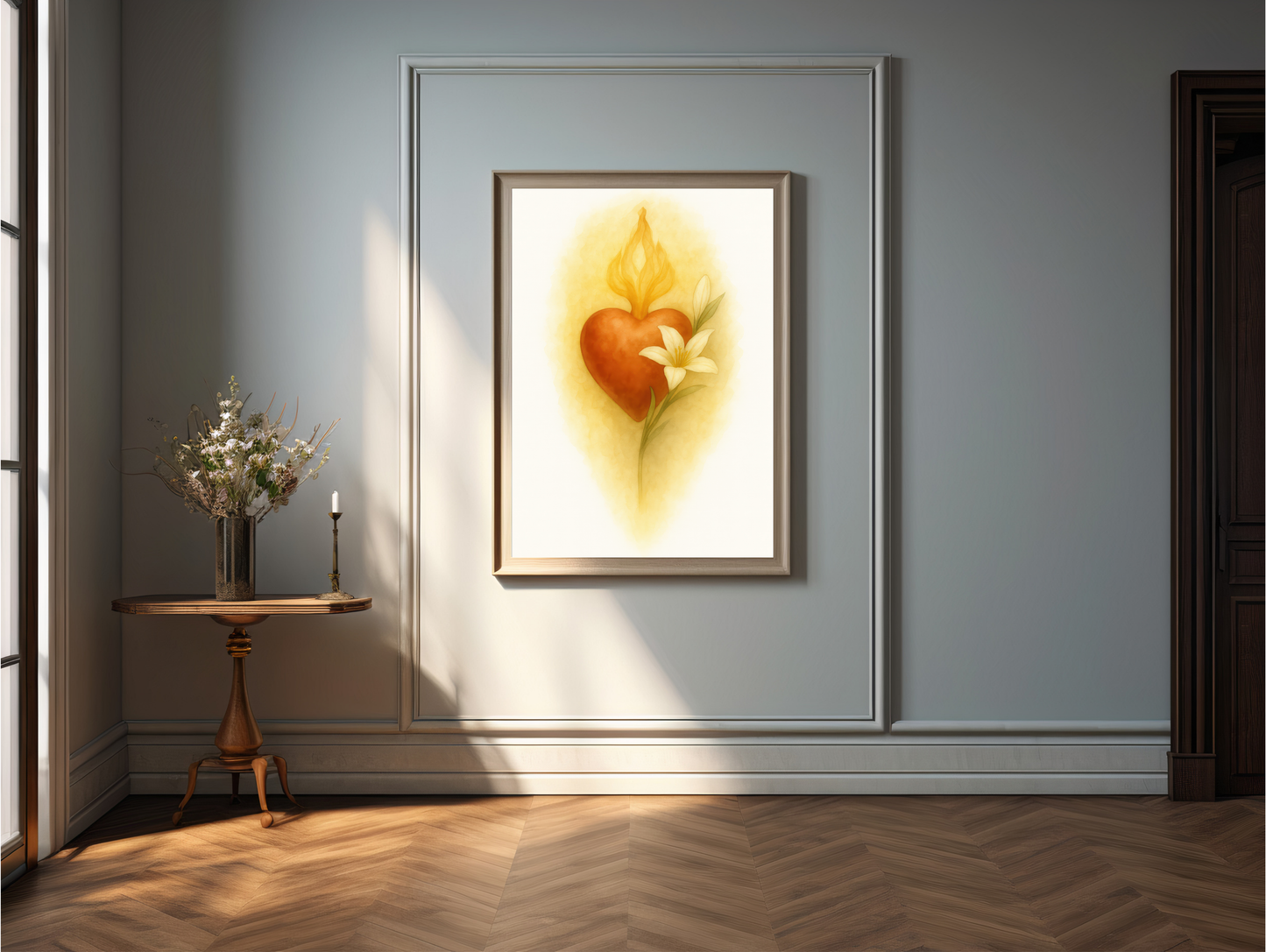 Saint Joseph Poster Print, Sacred Lily Flame Heart Catholic Art, Home Decor, Christian Wall Art, Religious Satin Paper, Immaculate Heart