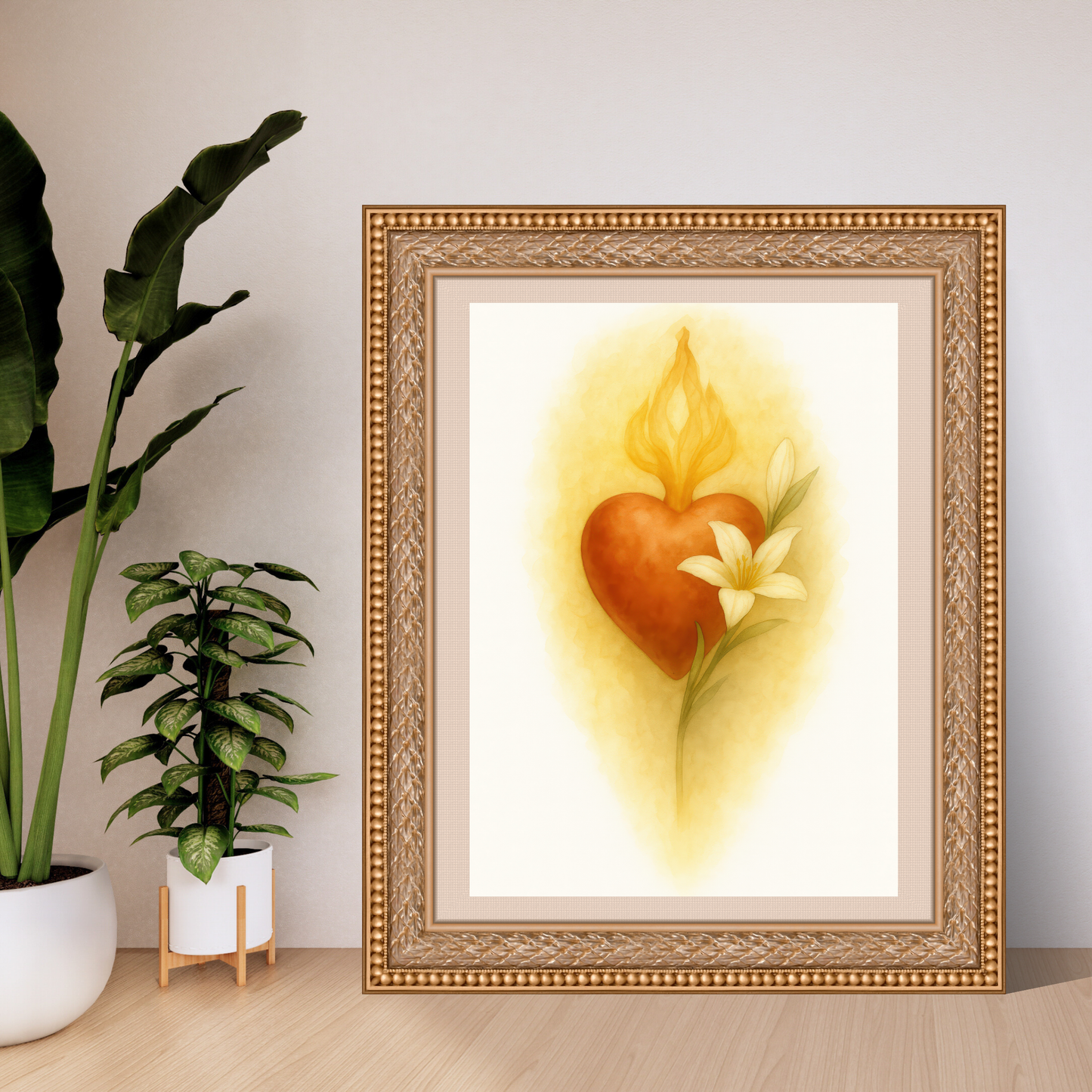 Saint Joseph Poster Print, Sacred Lily Flame Heart Catholic Art, Home Decor, Christian Wall Art, Religious Satin Paper, Immaculate Heart