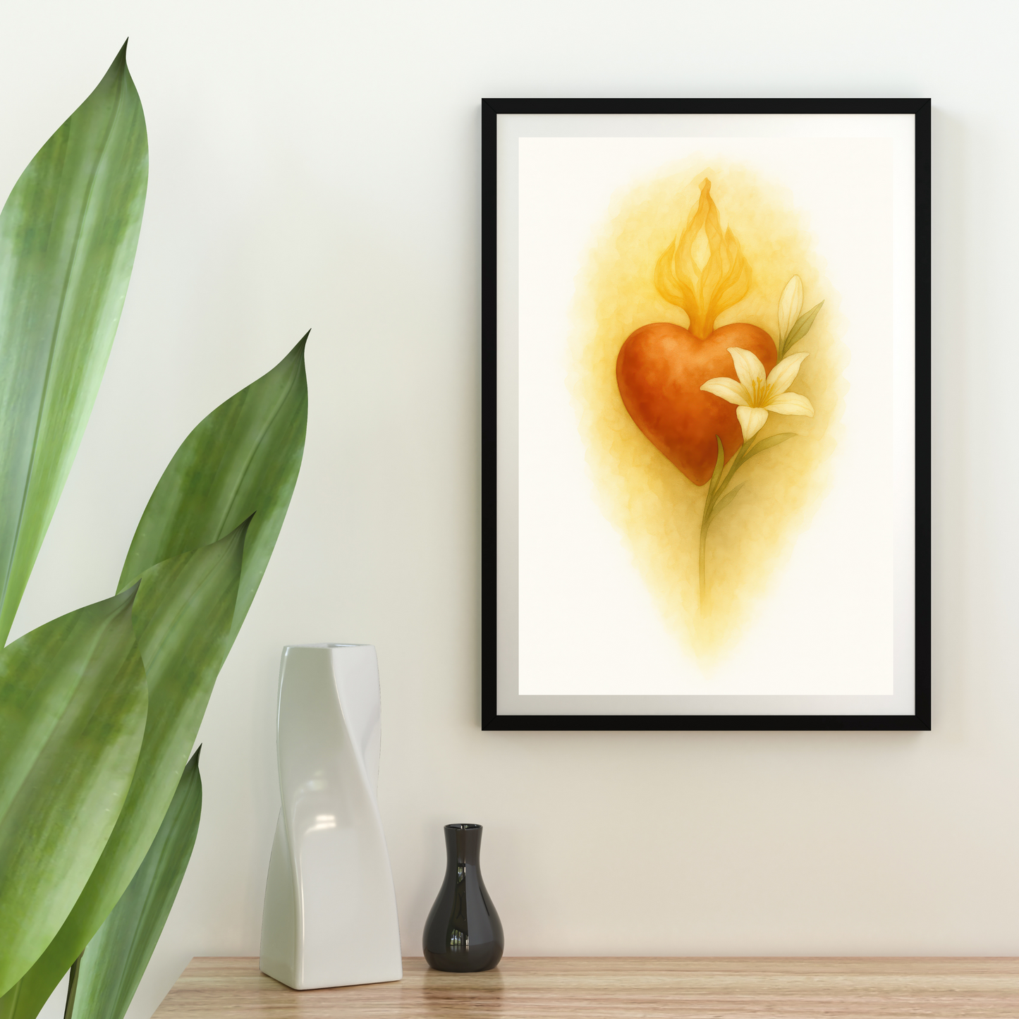 Saint Joseph Poster Print, Sacred Lily Flame Heart Catholic Art, Home Decor, Christian Wall Art, Religious Satin Paper, Immaculate Heart