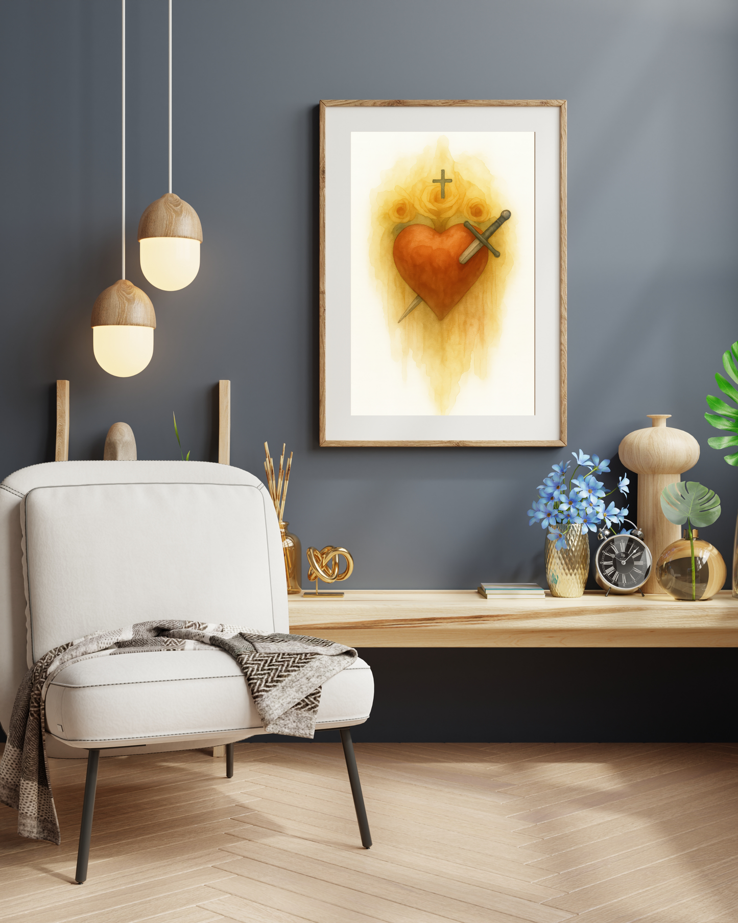 Virgin Mary Catholic Wall Decor, Immaculate Heart Watercolor Satin Poster Print Sacred Symbol With Roses and Dagger, Religious Art