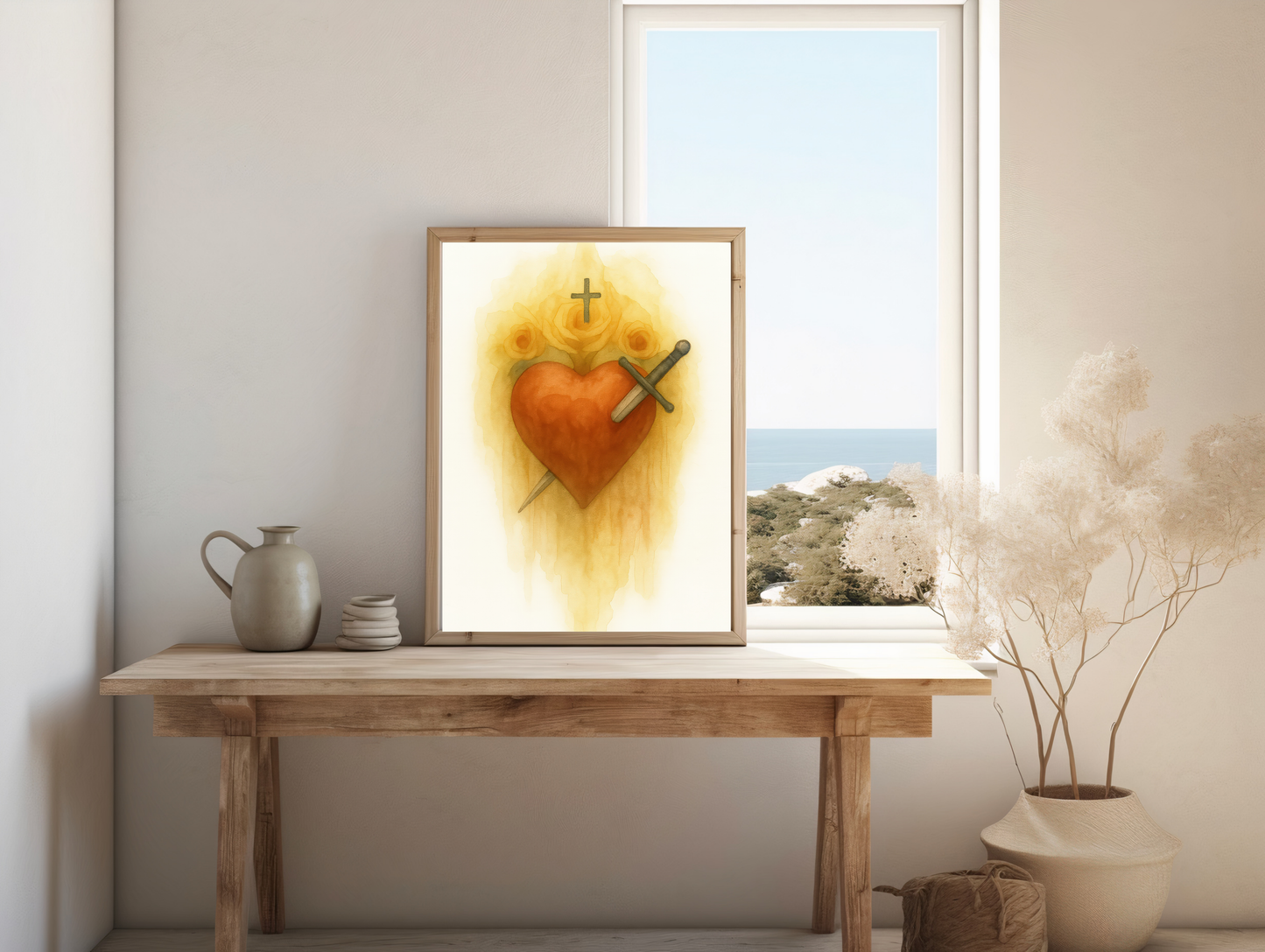 Virgin Mary Catholic Wall Decor, Immaculate Heart Watercolor Satin Poster Print Sacred Symbol With Roses and Dagger, Religious Art