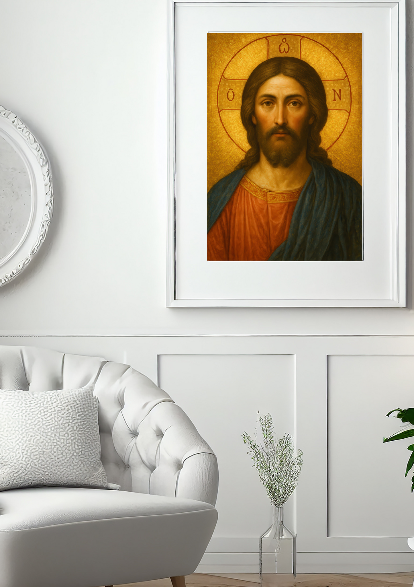 Jesus Christ Traditional Orthodox Byzantine Icon Oil Portrait Style Painting in Gold with Greek Halo - He Who Is - Religious Wall Art