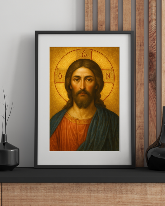 Jesus Christ Traditional Orthodox Byzantine Icon Oil Portrait Style Painting in Gold with Greek Halo - He Who Is - Religious Wall Art