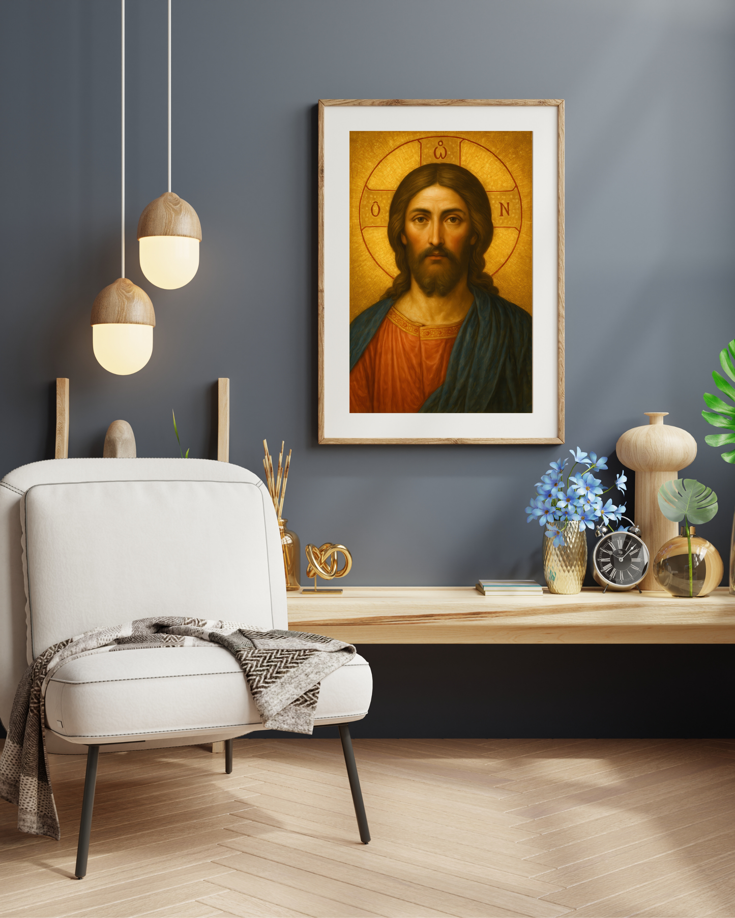 Jesus Christ Traditional Orthodox Byzantine Icon Oil Portrait Style Painting in Gold with Greek Halo - He Who Is - Religious Wall Art