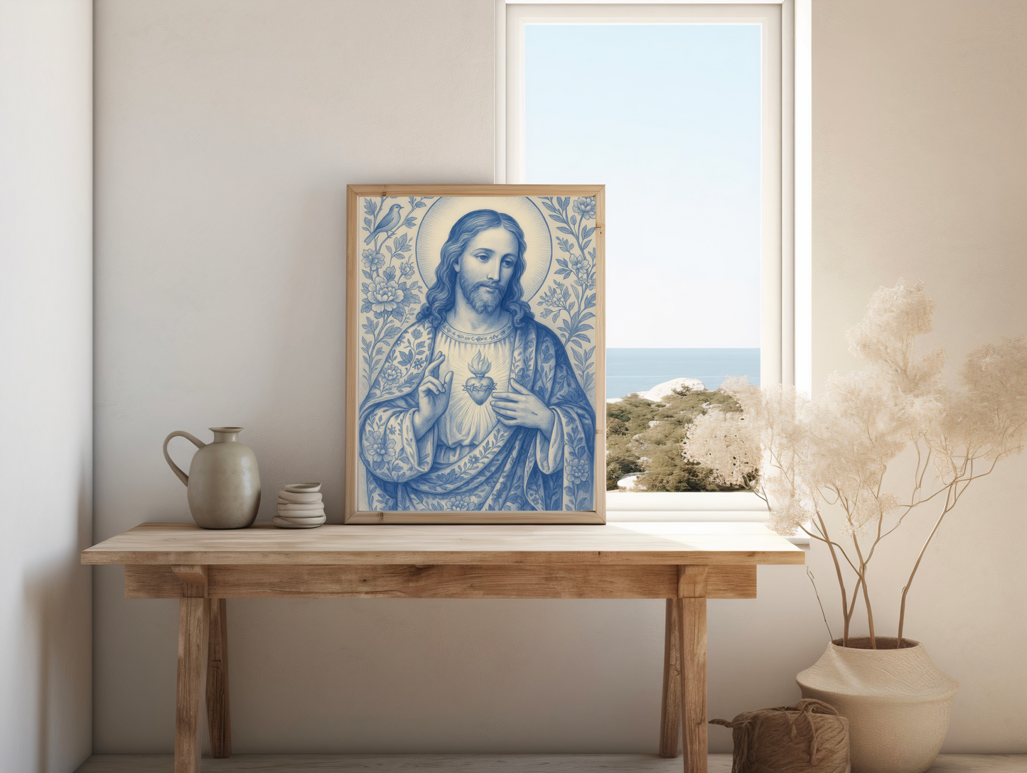Fine Art Posters, Sacred Heart of Jesus Chinoiserie Style Poster, Religious Wall Art, Christian Decor, Home Wall Decor, Religious Gift