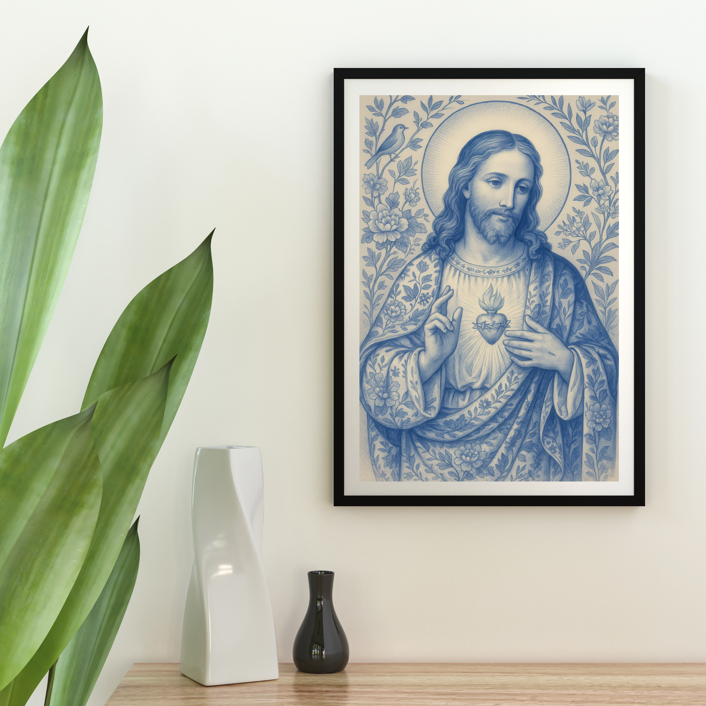 Fine Art Posters, Sacred Heart of Jesus Chinoiserie Style Poster, Religious Wall Art, Christian Decor, Home Wall Decor, Religious Gift