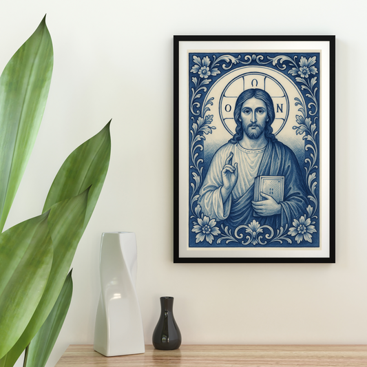 Jesus Christ Byzantine Poster in Delft Blue White Chinoiserie Style with Greek Halo Inscription "He Who Is" Religious Wall Art