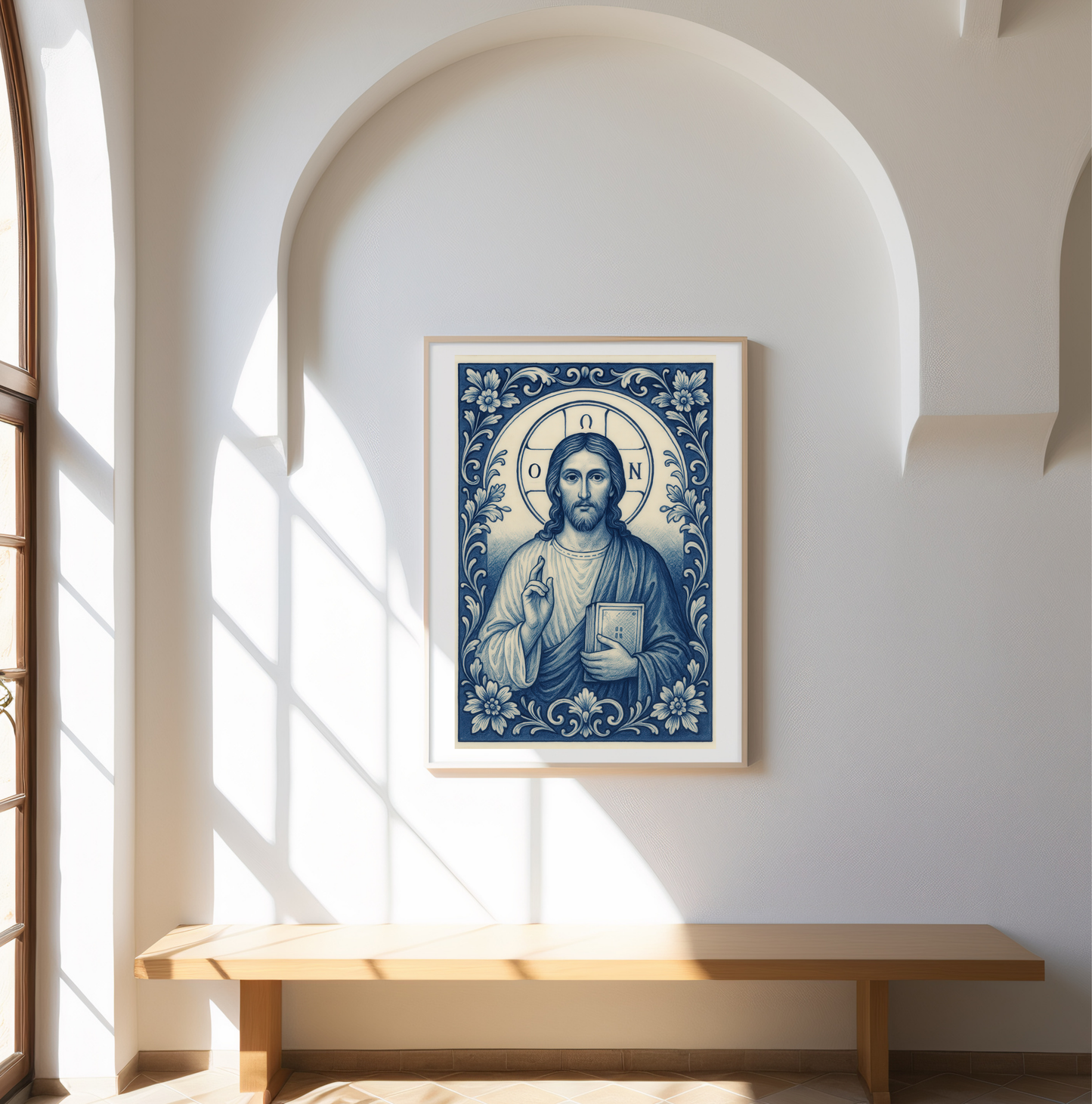 Jesus Christ Byzantine Poster in Delft Blue White Chinoiserie Style with Greek Halo Inscription "He Who Is" Religious Wall Art