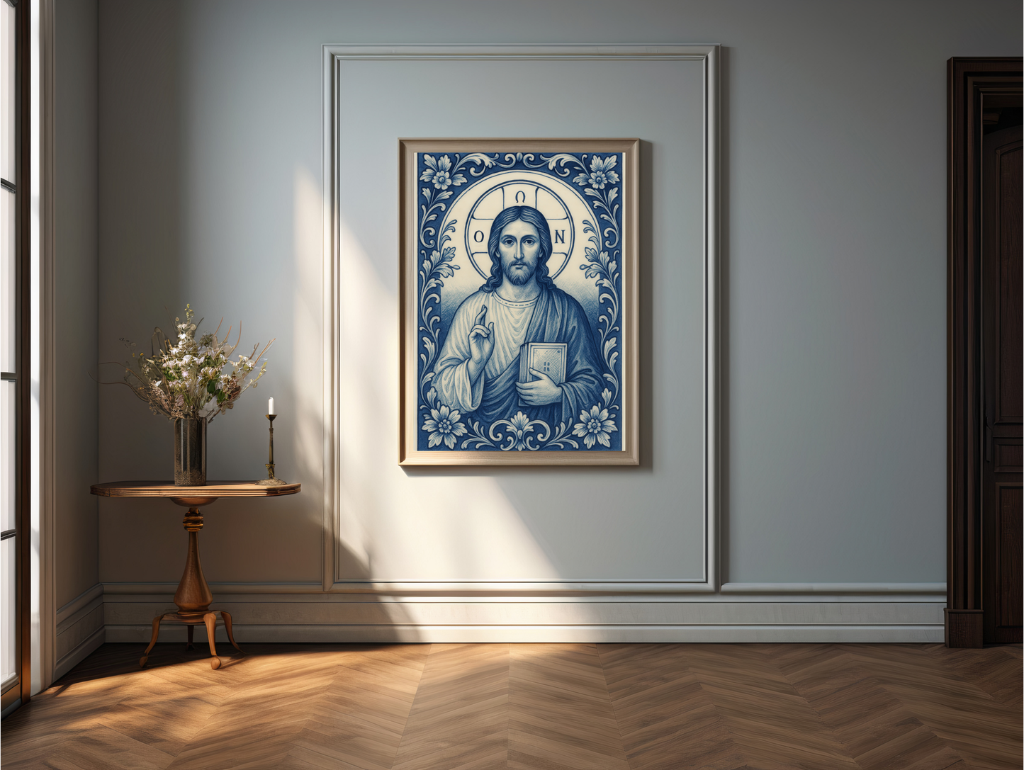 Jesus Christ Byzantine Poster in Delft Blue White Chinoiserie Style with Greek Halo Inscription "He Who Is" Religious Wall Art