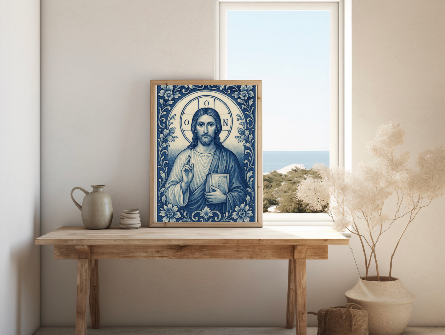 Jesus Christ Byzantine Poster in Delft Blue White Chinoiserie Style with Greek Halo Inscription "He Who Is" Religious Wall Art