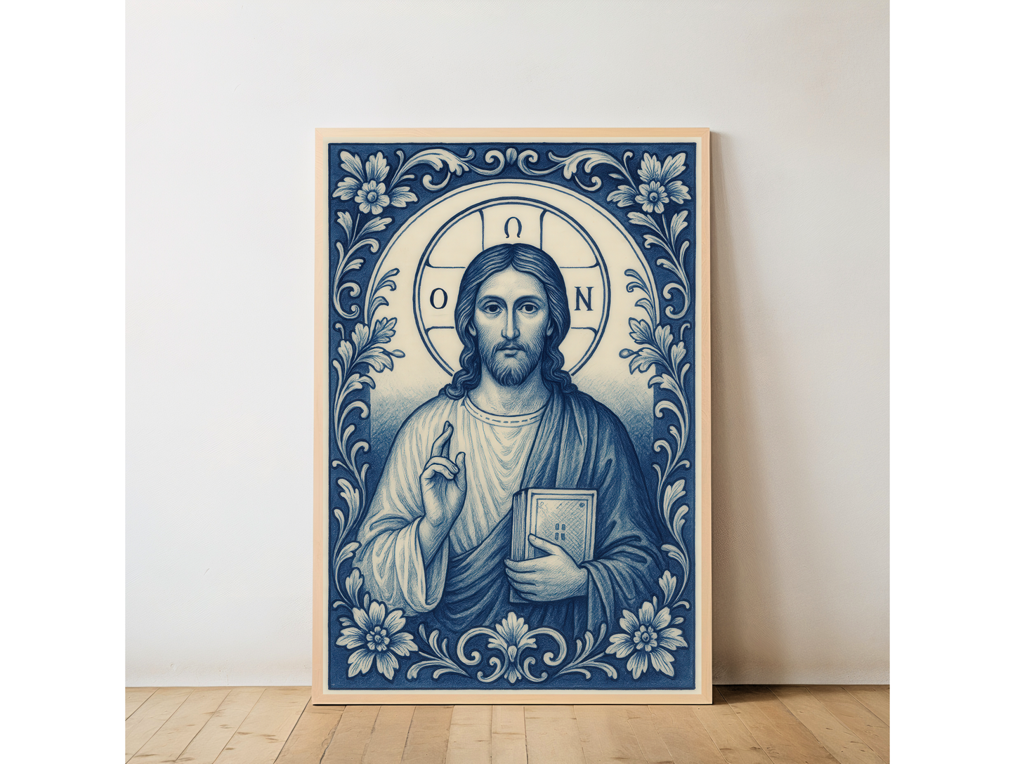 Jesus Christ Byzantine Poster in Delft Blue White Chinoiserie Style with Greek Halo Inscription "He Who Is" Religious Wall Art