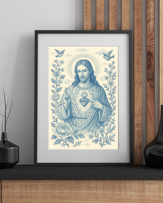 Sacred Heart of Jesus Blue and White Chinoiserie Catholic Art Print Satin Poster, Faith Wall Decor 2:3 Ratio, Religious Home Decor, Unique