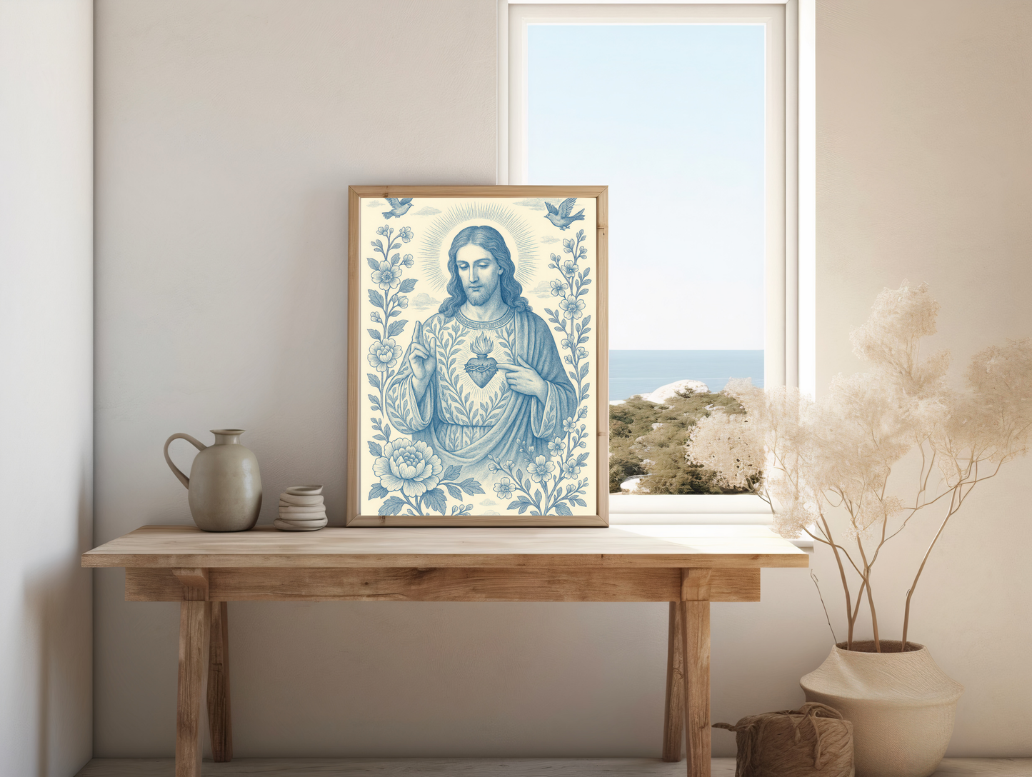 Sacred Heart of Jesus Blue and White Chinoiserie Catholic Art Print Satin Poster, Faith Wall Decor 2:3 Ratio, Religious Home Decor, Unique