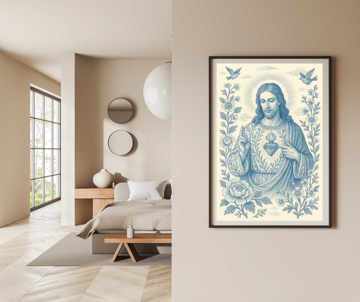 Sacred Heart of Jesus Blue and White Chinoiserie Catholic Art Print Satin Poster, Faith Wall Decor 2:3 Ratio, Religious Home Decor, Unique