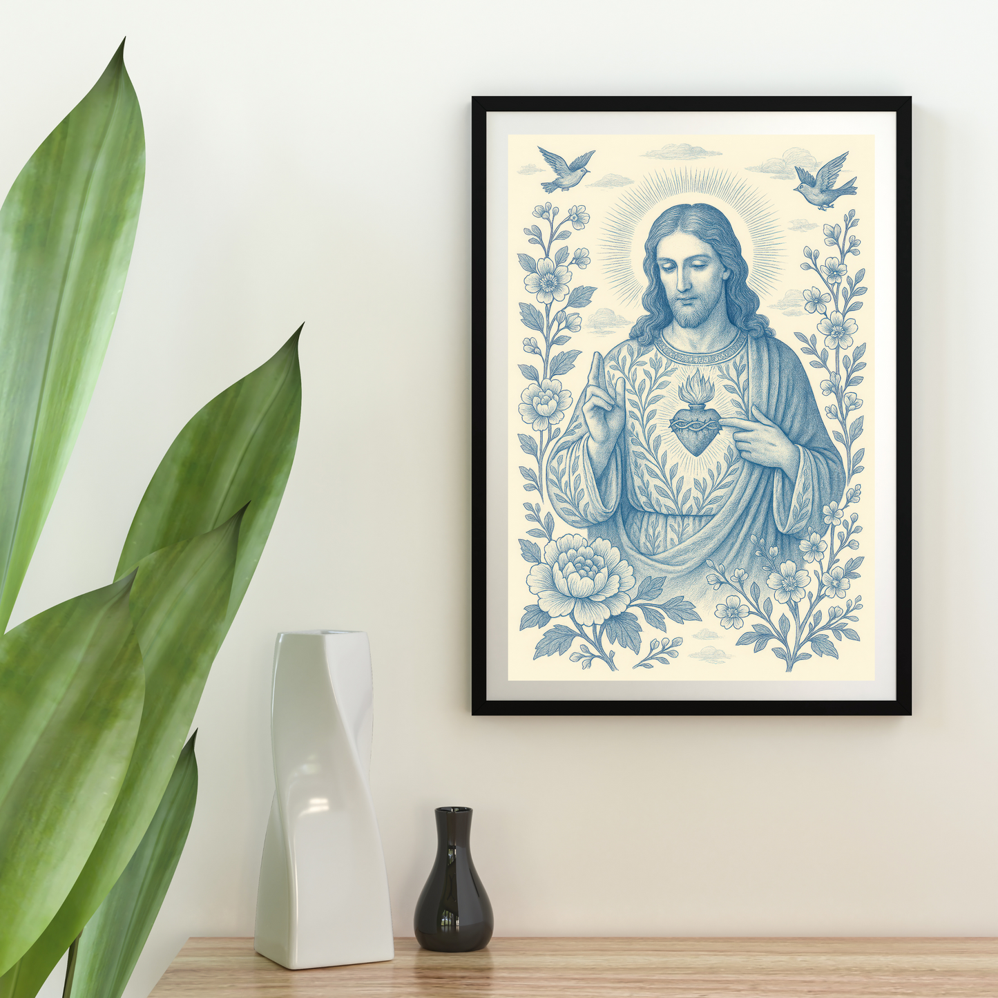Sacred Heart of Jesus Blue and White Chinoiserie Catholic Art Print Satin Poster, Faith Wall Decor 2:3 Ratio, Religious Home Decor, Unique