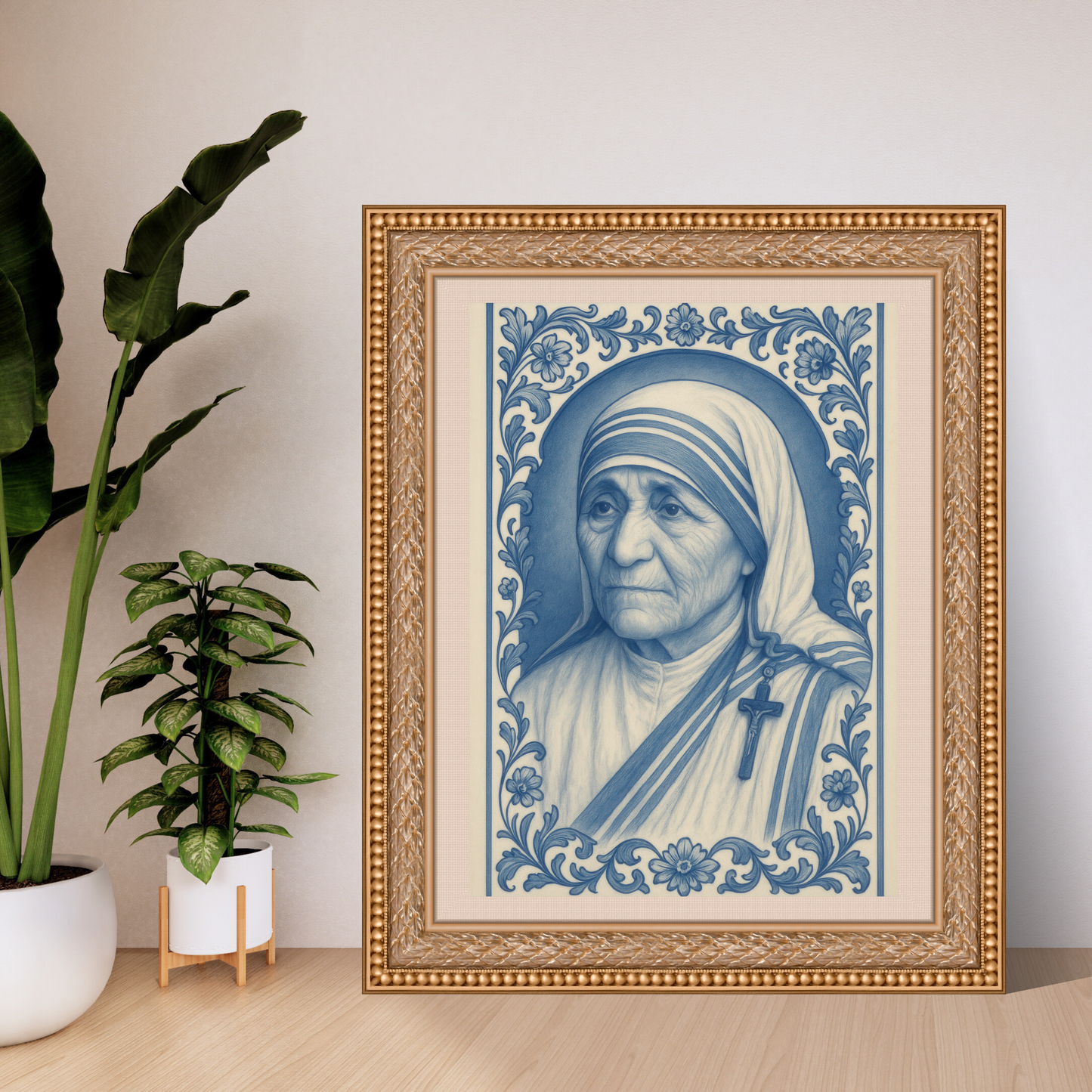 Religious Chinoiserie Poster, Mother Teresa Wall Art, Fine Art Posters for Catholics, Baroque Floral Border Print, Inspirational Catholic
