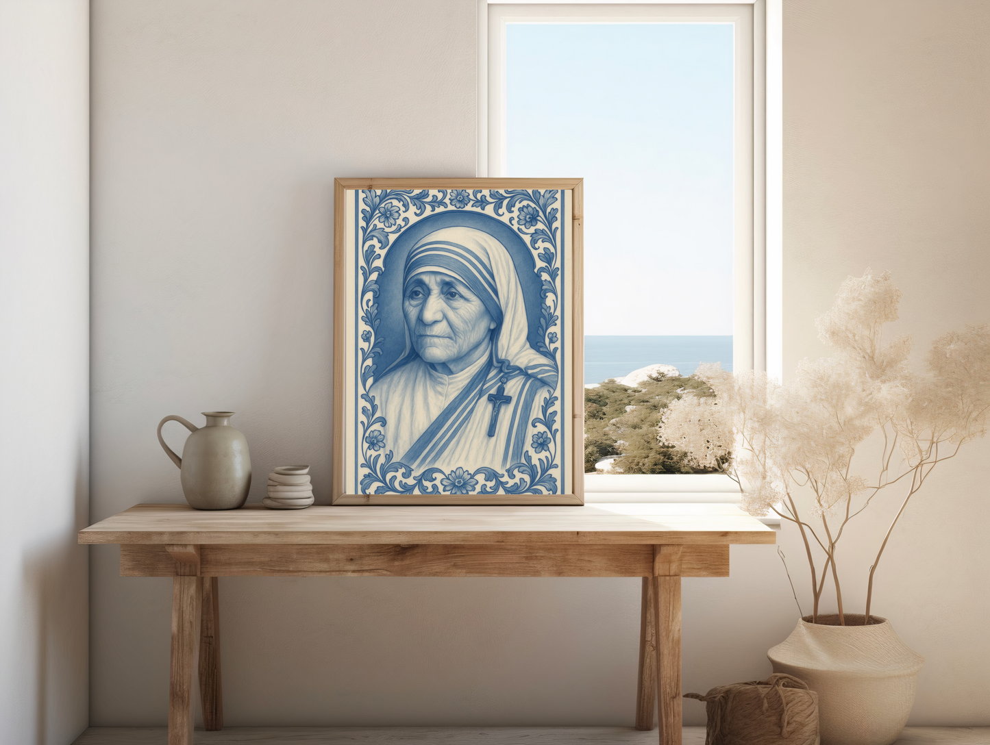 Religious Chinoiserie Poster, Mother Teresa Wall Art, Fine Art Posters for Catholics, Baroque Floral Border Print, Inspirational Catholic