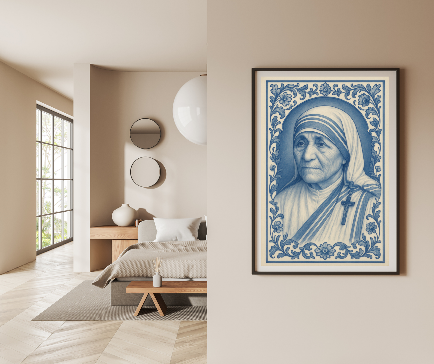 Religious Chinoiserie Poster, Mother Teresa Wall Art, Fine Art Posters for Catholics, Baroque Floral Border Print, Inspirational Catholic