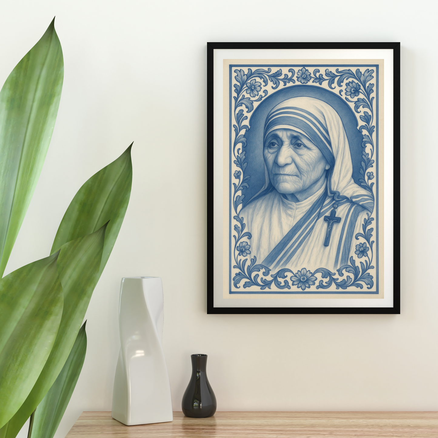 Religious Chinoiserie Poster, Mother Teresa Wall Art, Fine Art Posters for Catholics, Baroque Floral Border Print, Inspirational Catholic