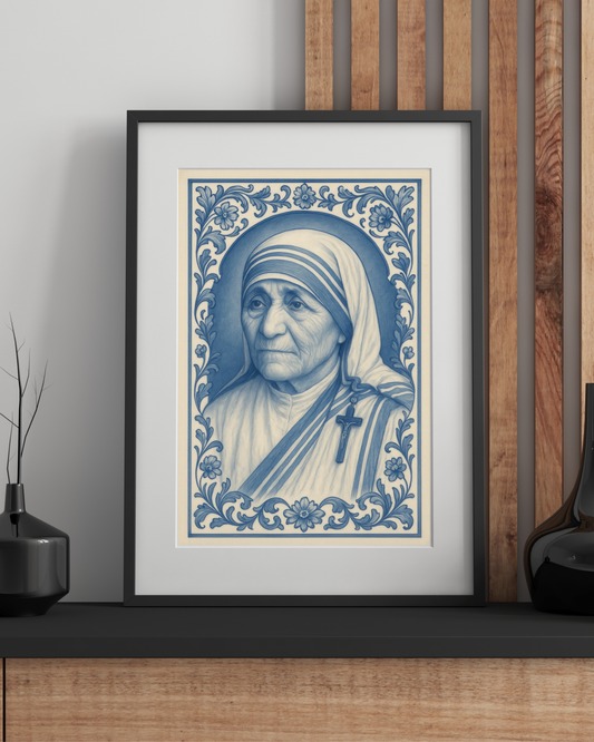Religious Chinoiserie Poster, Mother Teresa Wall Art, Fine Art Posters for Catholics, Baroque Floral Border Print, Inspirational Catholic