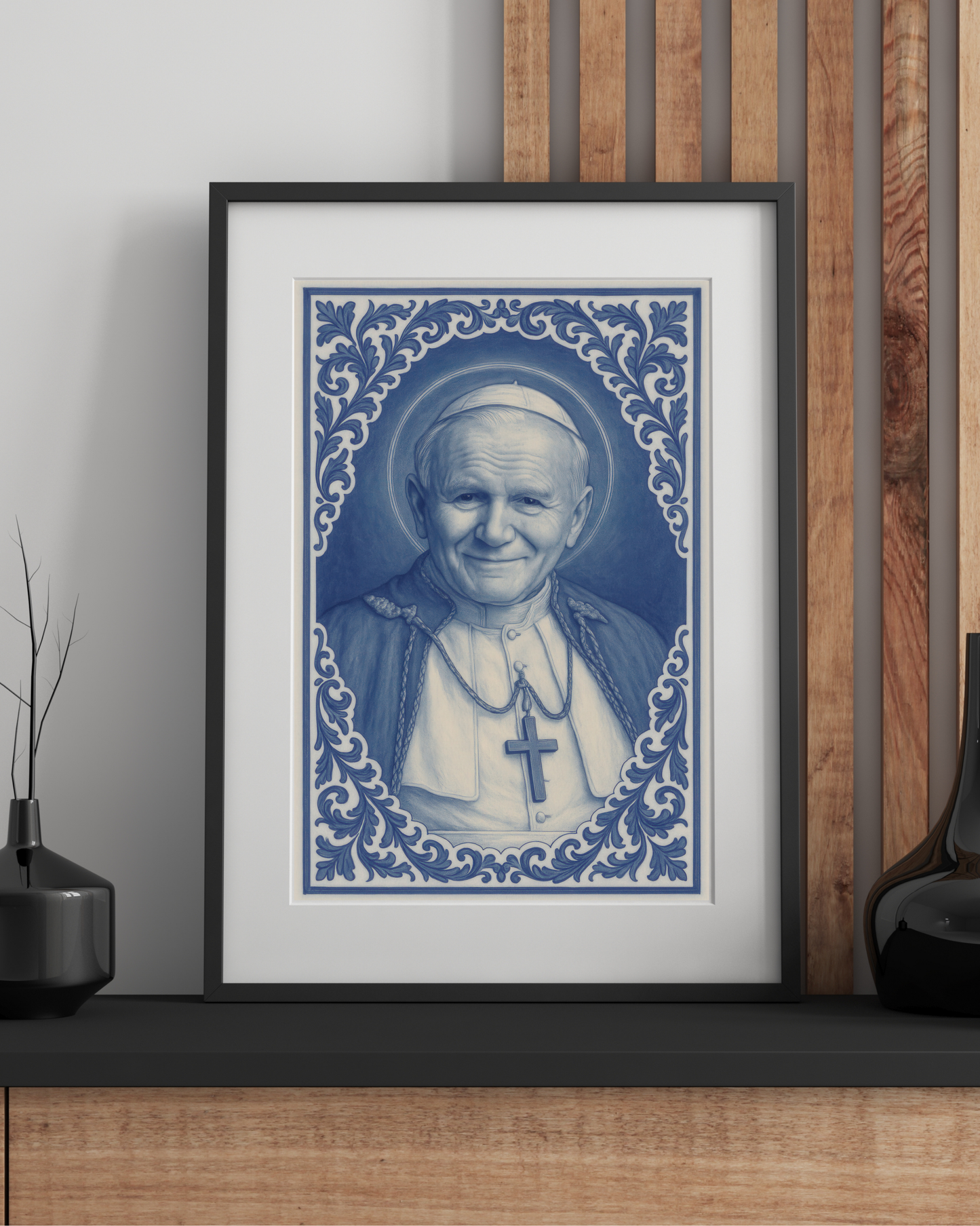 Religious Fine Art Posters, Catholic Wall Decor Print, Saint John Paul II Blue and White Chinoiserie Style Home Art Decoration, Religious