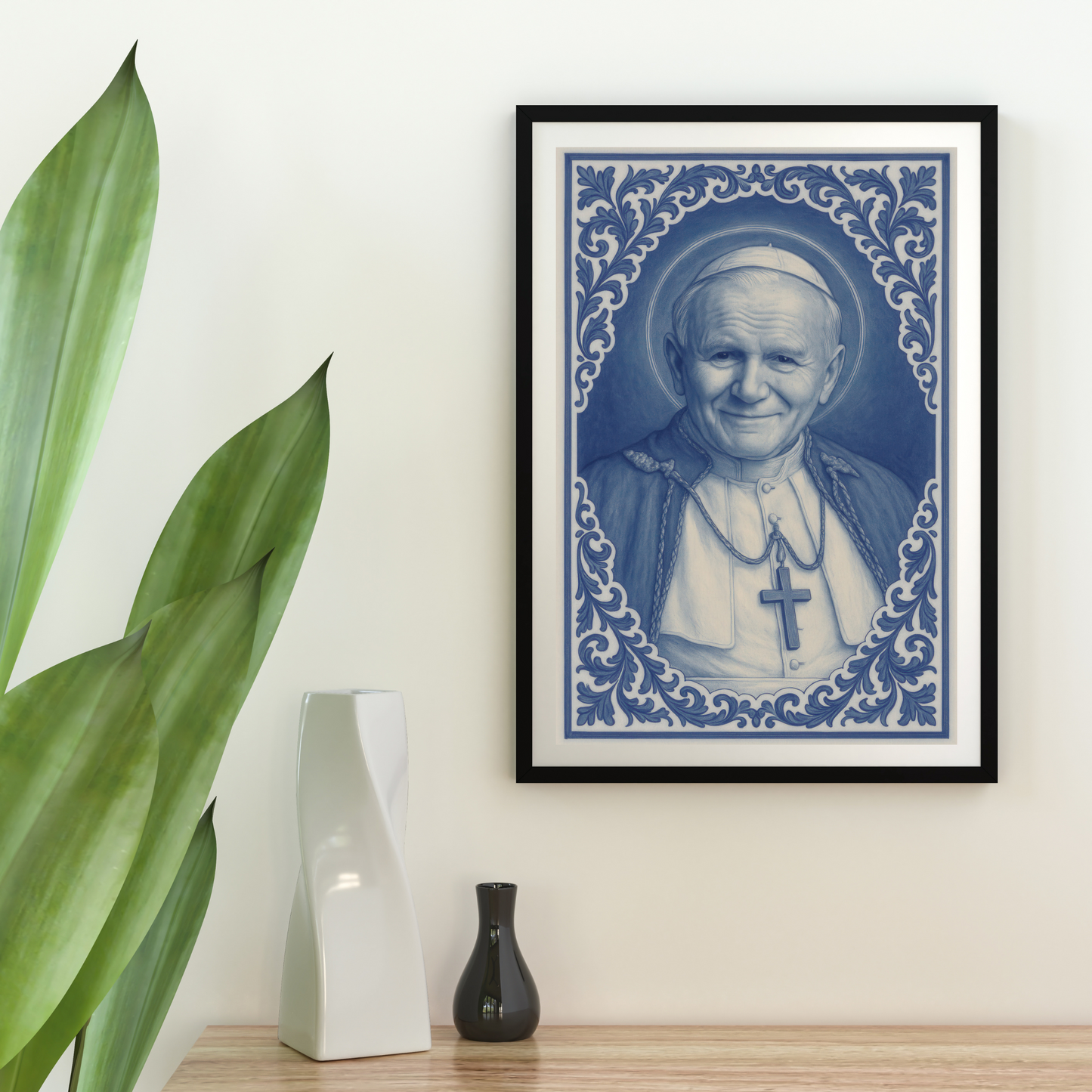 Religious Fine Art Posters, Catholic Wall Decor Print, Saint John Paul II Blue and White Chinoiserie Style Home Art Decoration, Religious