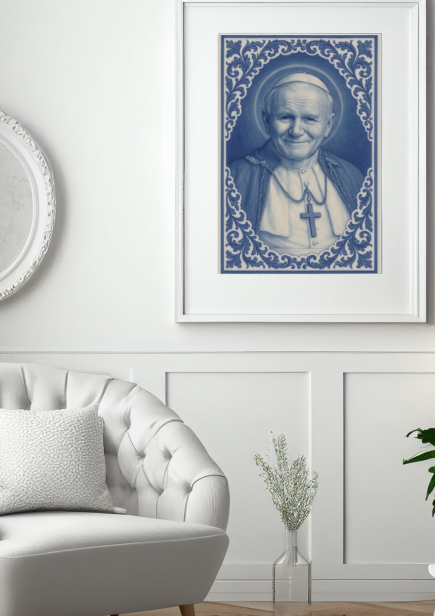 Religious Fine Art Posters, Catholic Wall Decor Print, Saint John Paul II Blue and White Chinoiserie Style Home Art Decoration, Religious