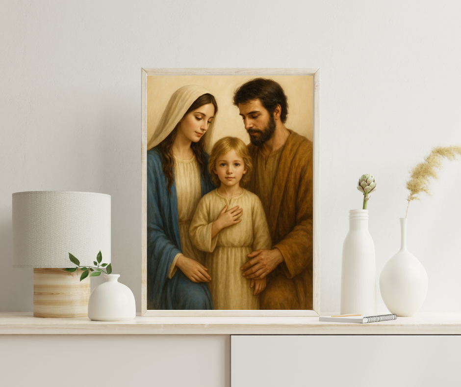 Religious Satin Poster, Catholic Wall Decor of Holy Family - Virgin Mary, St Joseph, Young Jesus, Christian Home Blessing Gift, Religious