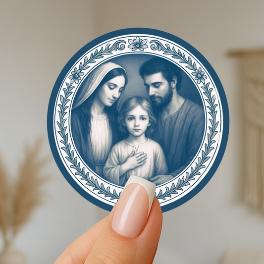 Holy Family Chinoiserie Blue and White Sticker, , Christian Gifts, Home Decor, Nursery Decal, Religious Sticker