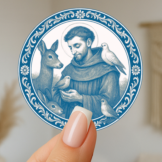 St. Francis of Assisi Chinoiserie Blue and White Sticker for Animal Lovers, Christian Gifts