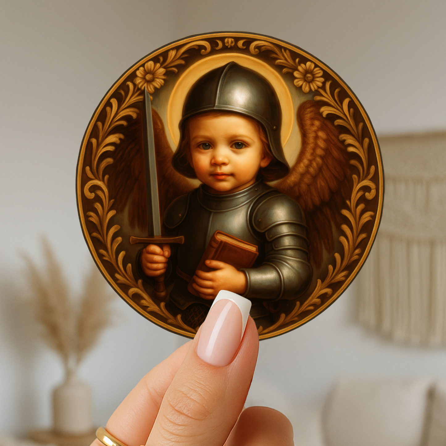 Baby Archangel St Michael Protection Round Sticker for Nursery. Perfect Baptism or Baby Shower Guardian Angel Sticker Gift.