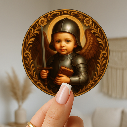 Baby Archangel St Michael Protection Round Sticker for Nursery. Perfect Baptism or Baby Shower Guardian Angel Sticker Gift.