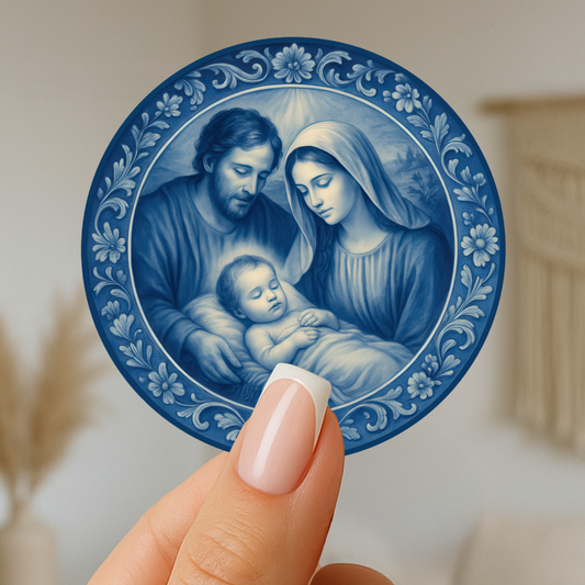 Holy Family Nativity Scene, Chinoiserie Kiss-Cut Stickers, Blue and White Christmas Decals, Religious Holiday Decor, Laptop Craft Supplies.