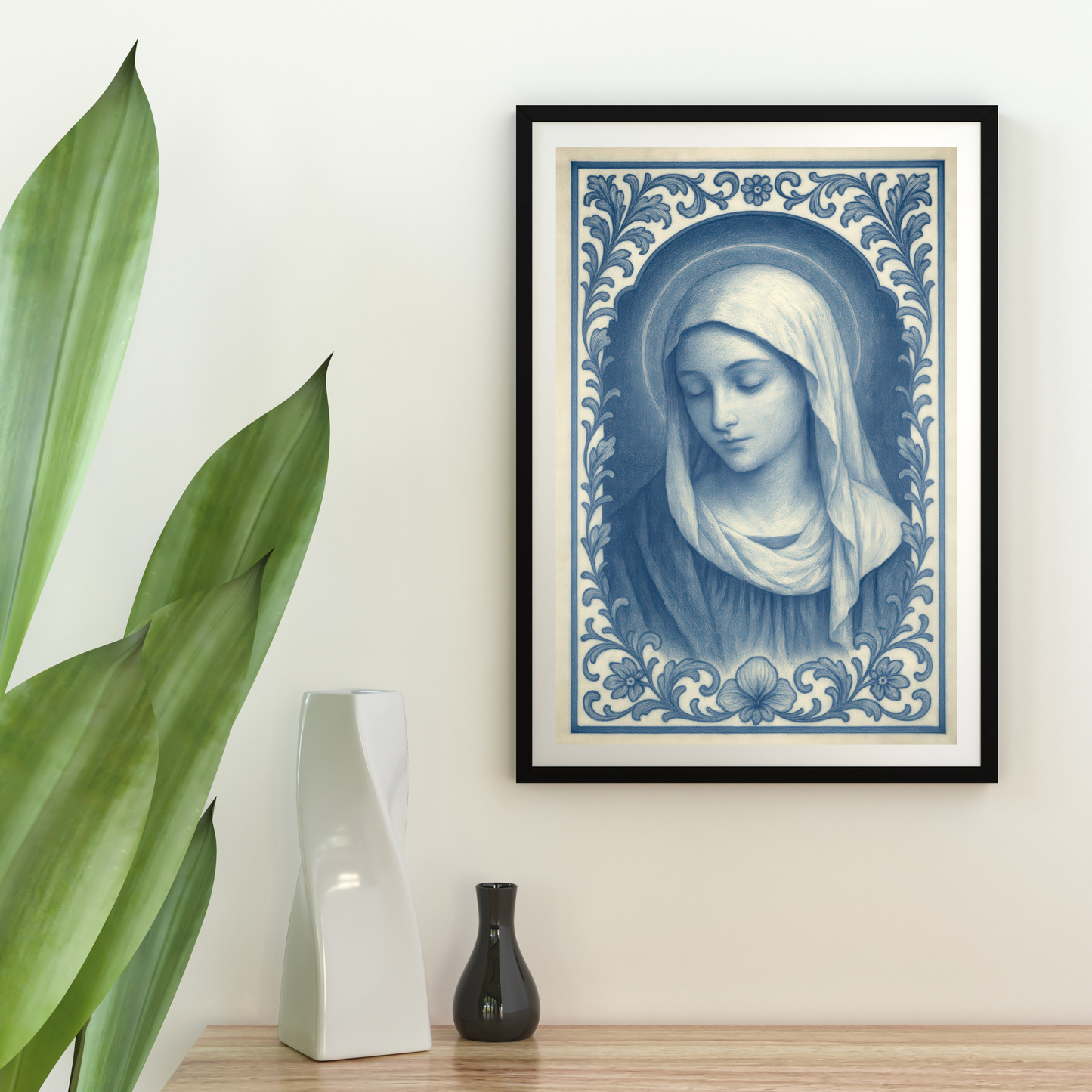 Religious Catholic Fine Art Posters, Virgin Mary Chinoiserie Style Blue and White Portrait Art Print, Vintage Inspired Icon, Wall Poster