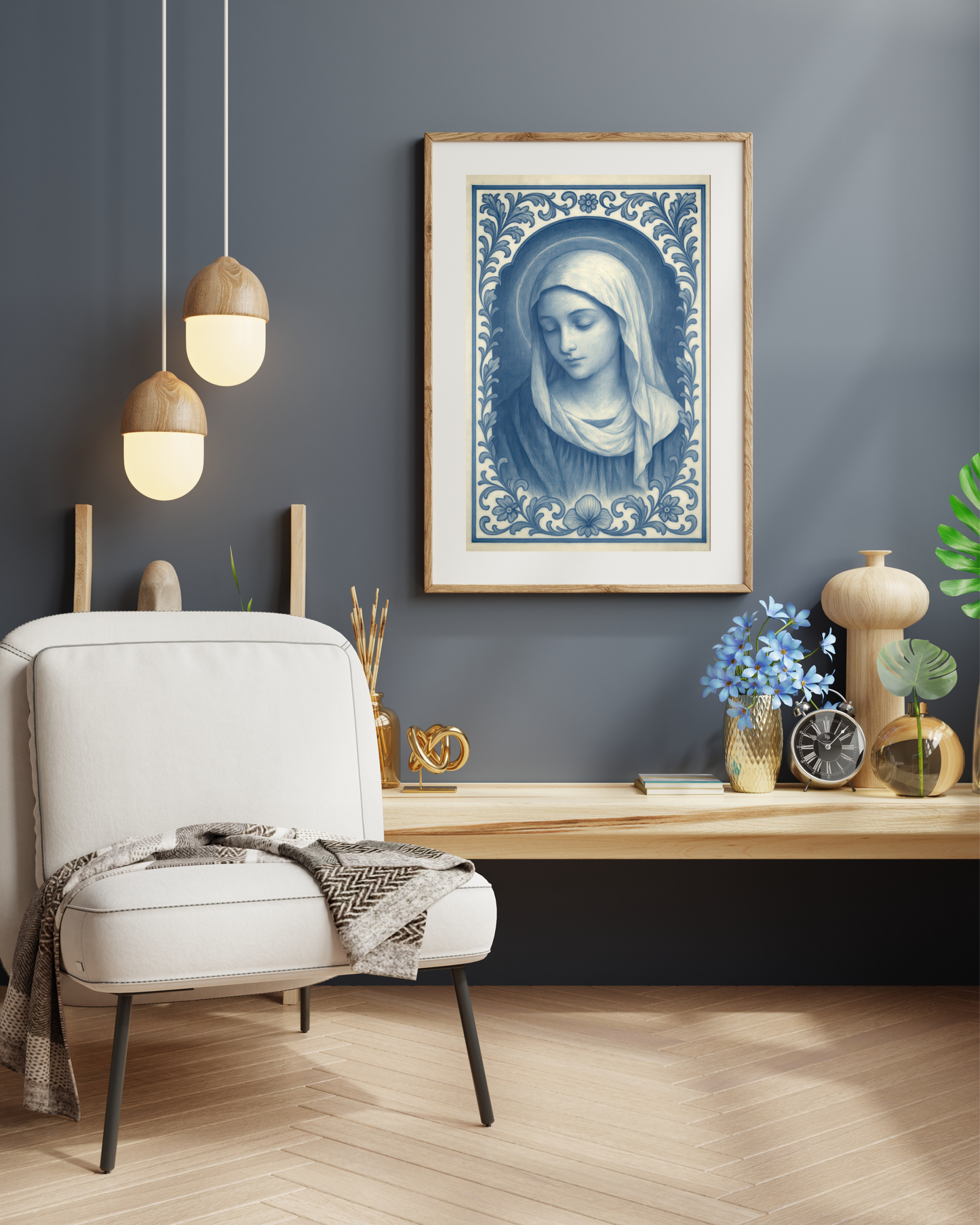 Religious Catholic Fine Art Posters, Virgin Mary Chinoiserie Style Blue and White Portrait Art Print, Vintage Inspired Icon, Wall Poster