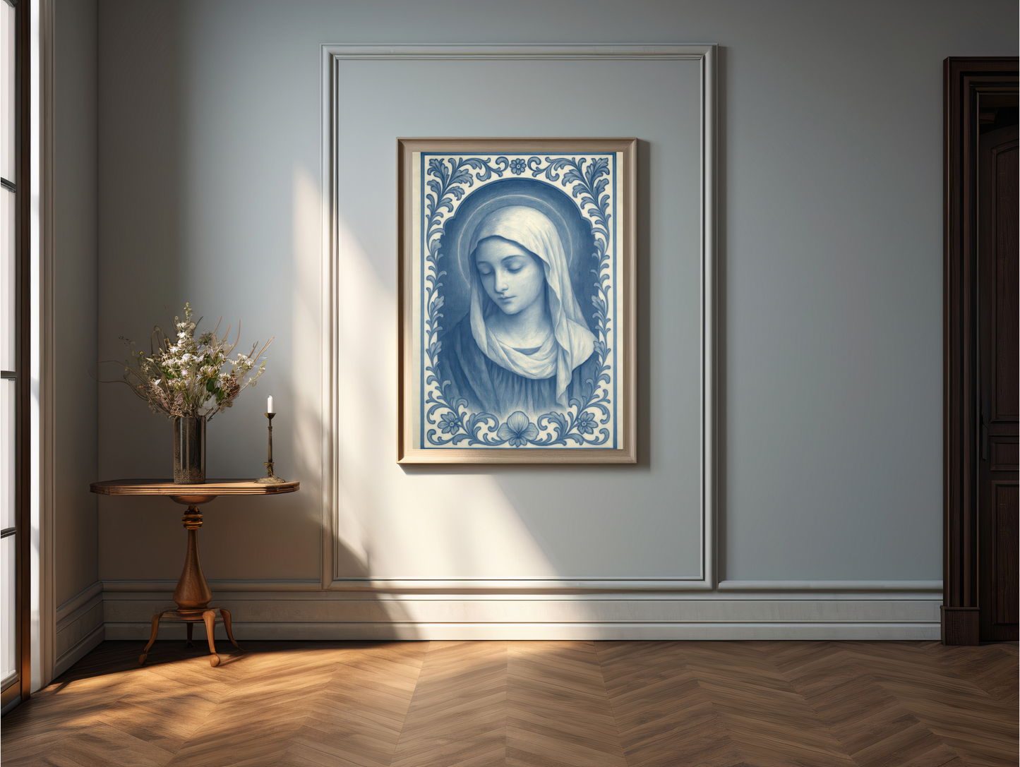 Religious Catholic Fine Art Posters, Virgin Mary Chinoiserie Style Blue and White Portrait Art Print, Vintage Inspired Icon, Wall Poster