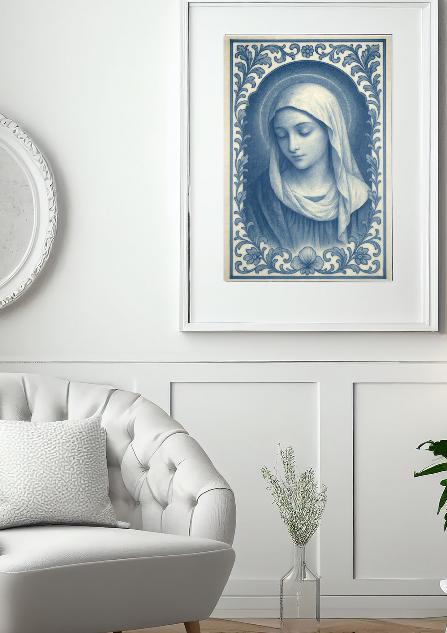 Religious Catholic Fine Art Posters, Virgin Mary Chinoiserie Style Blue and White Portrait Art Print, Vintage Inspired Icon, Wall Poster