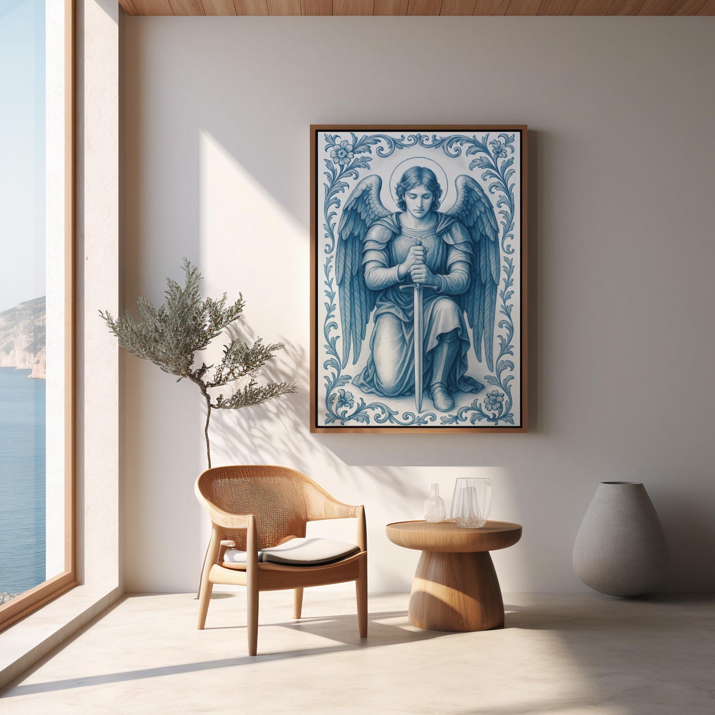 Saint Michael Poster: Catholic Christian Wall Art, Soft Blue Chinoiserie Print