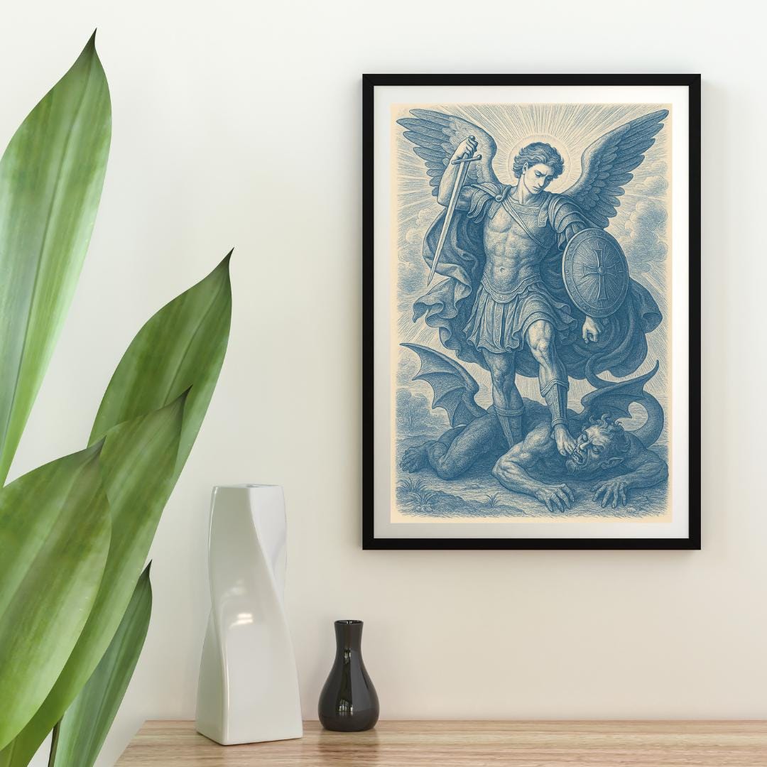 Saint Michael Digital Art: Chinoiserie Style Art Print, Christian Archangel Warrior for Protection with Sword & Shield, Faith Gift ⬇️ Digital Download