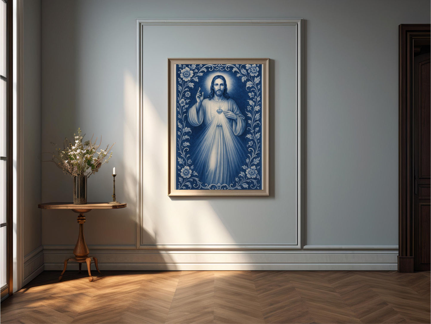 Divine Mercy Print: Blue Chinoiserie Sacred Heart Catholic Christian Wall Art ⬇️ Digital Download