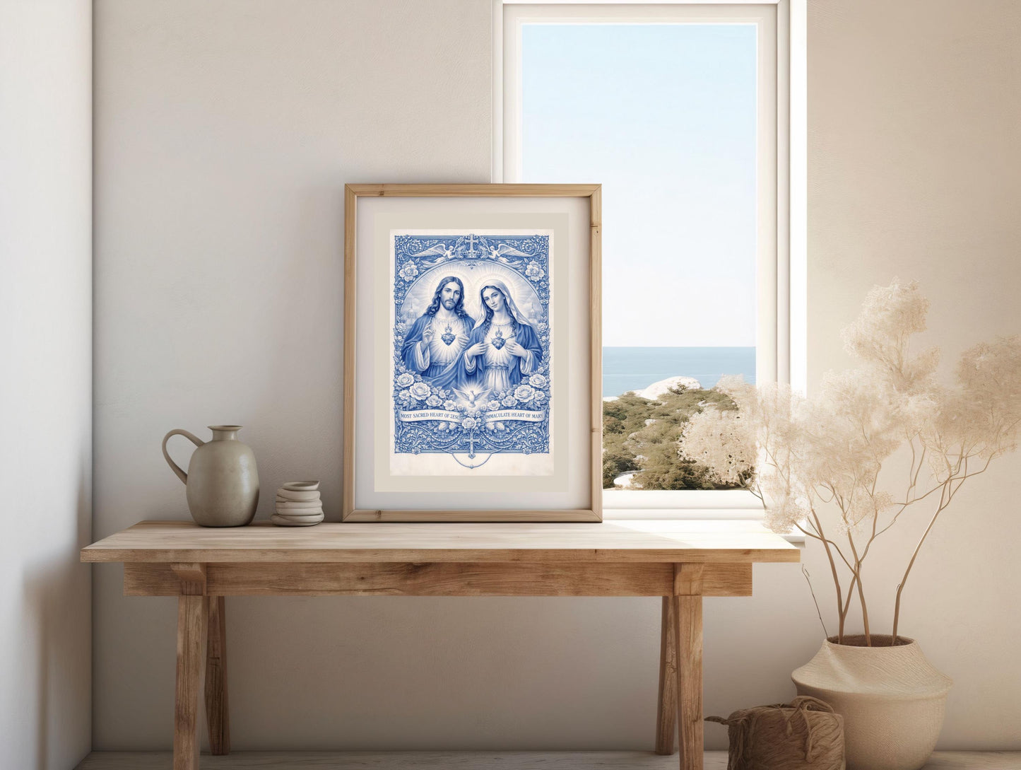 Impression Sacrés Cœurs de Jésus et Marie | Art catholique Chinoiserie bleue (Téléchargement numérique)